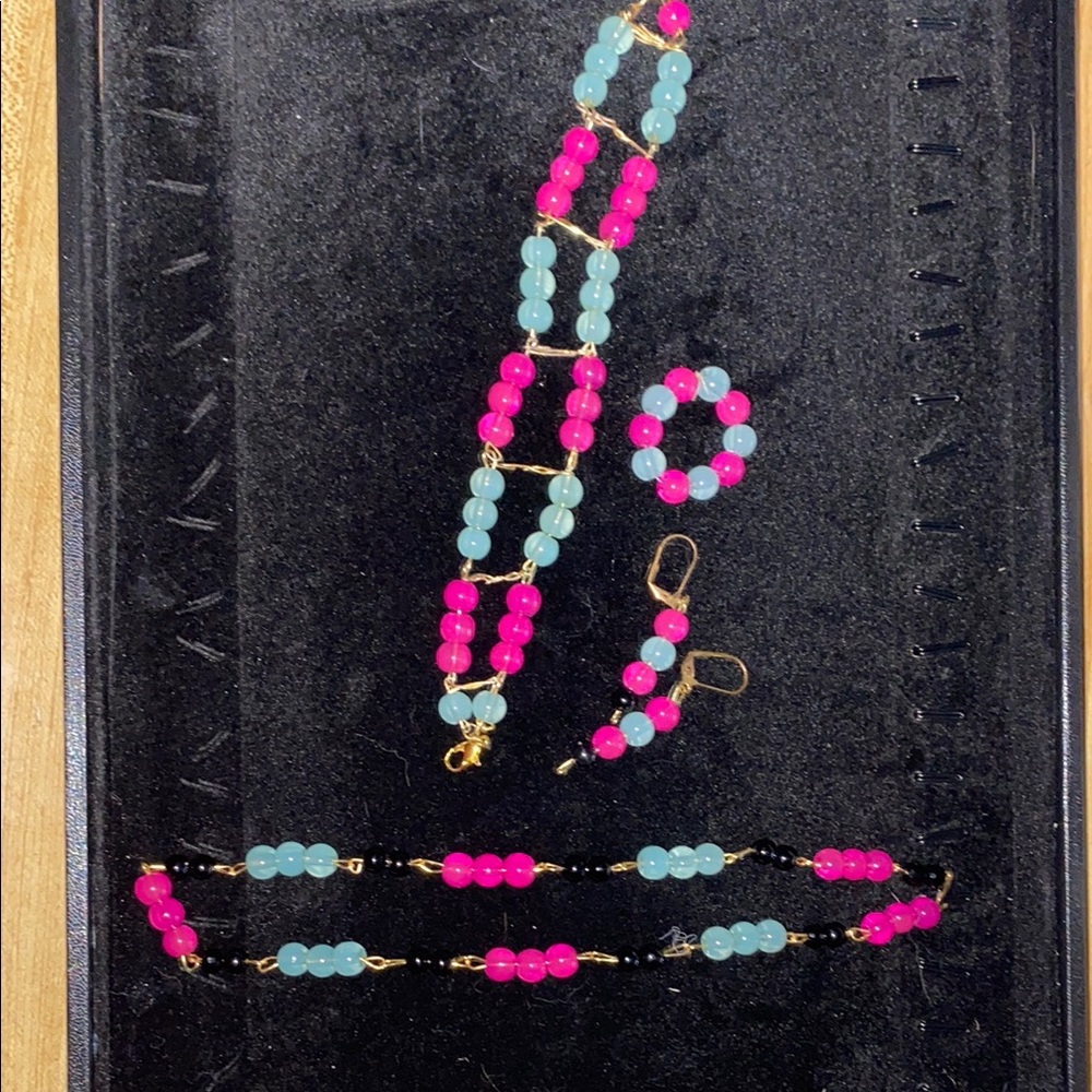 Elegant Pink and Blue Beaded Jewelry Set